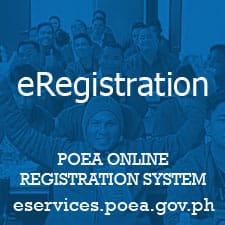 Images of OFWs in the background printed with POEA Online Registration System.