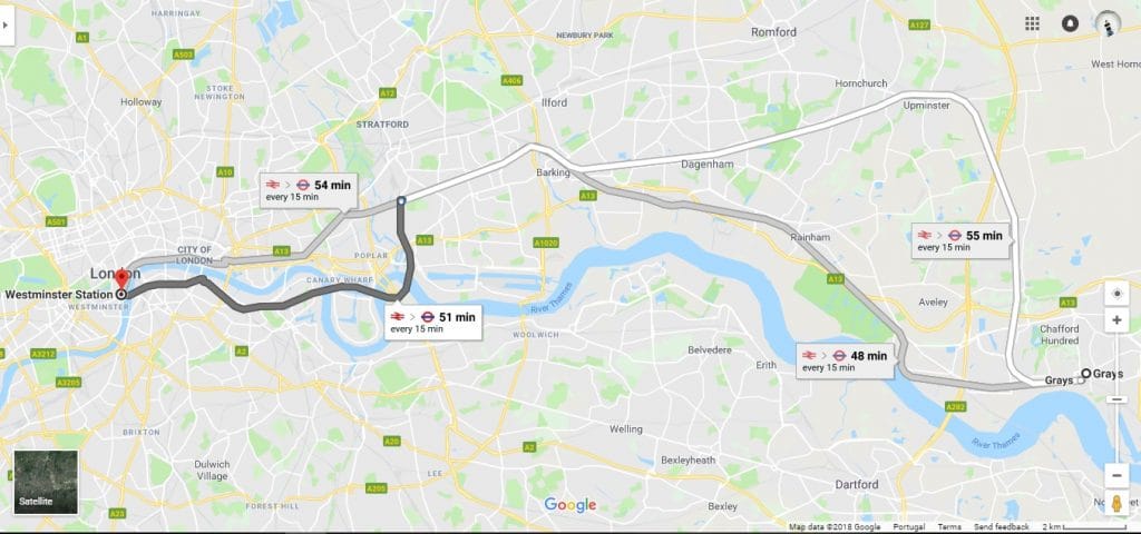 Travelling to London from Grays to Westminster via Fenchurch.