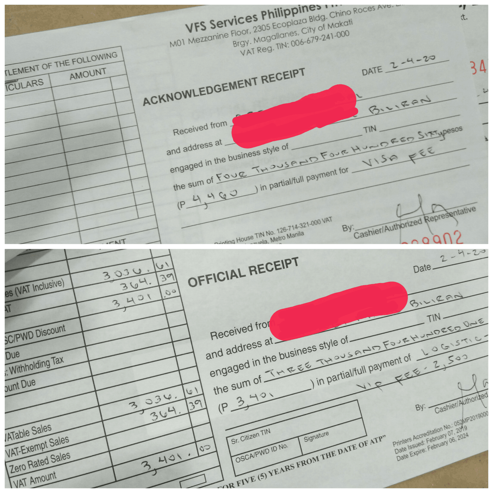 Official receipts for my Schengen Visa fee and another for my stay in the premium lounge.