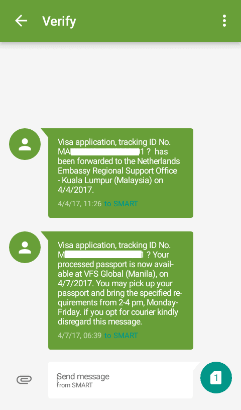 An SMS from VFS Global regarding your Visa Application Process. They will give you a text once your visa is ready for pick up.