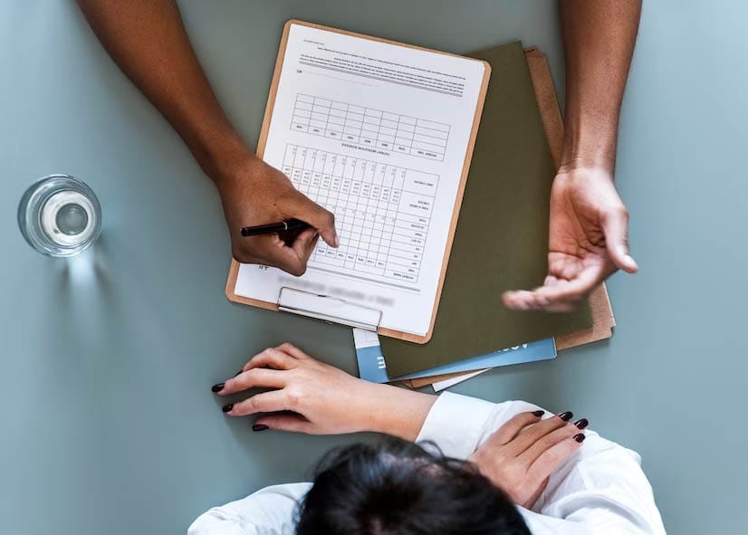 A patient consulting to a doctor and discussing his findings.