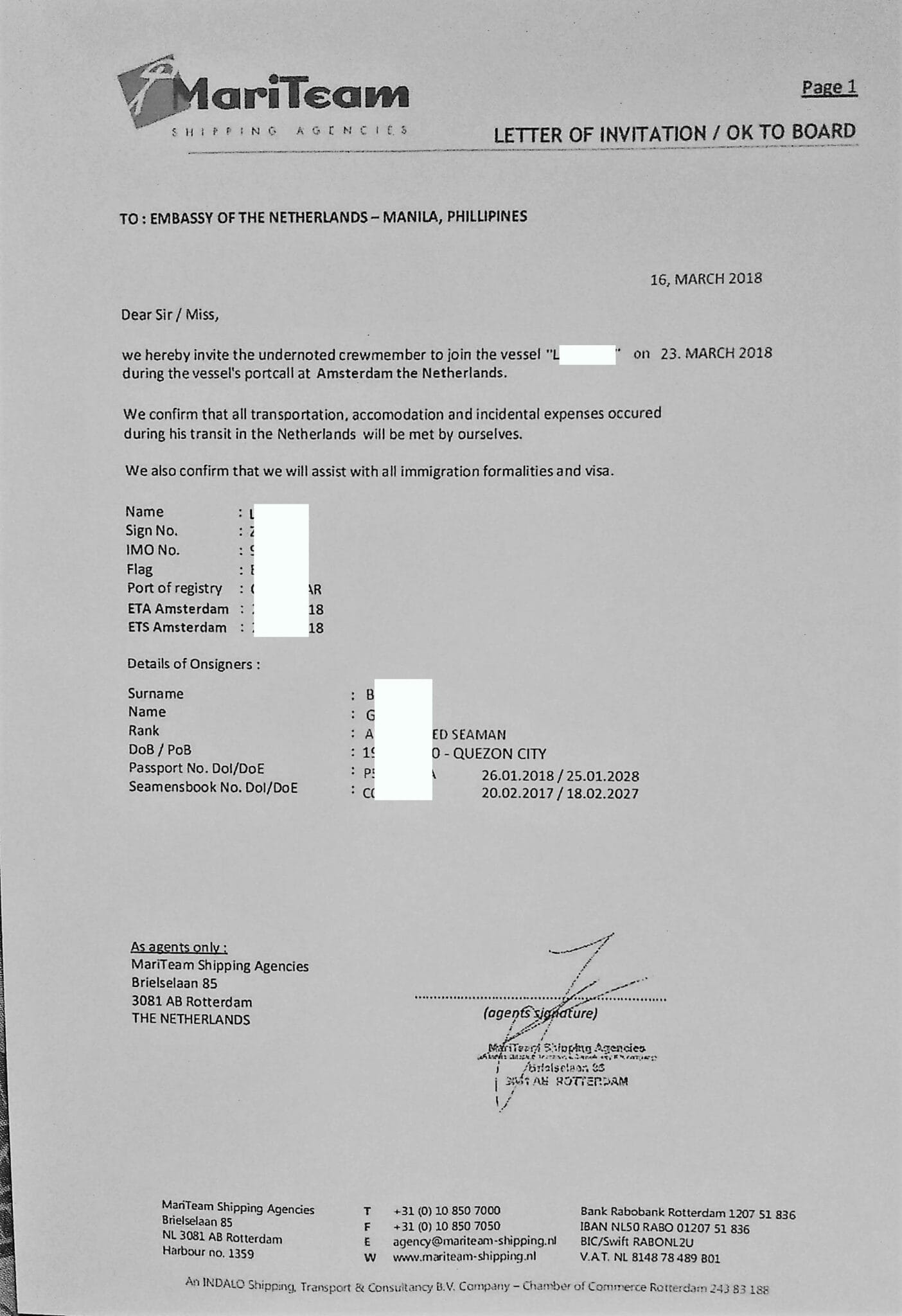 Letter of invitation from the ship's agent as requirement for applying a Schengen Visa.