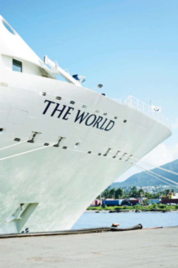 The World Cruise Ship docked in port.