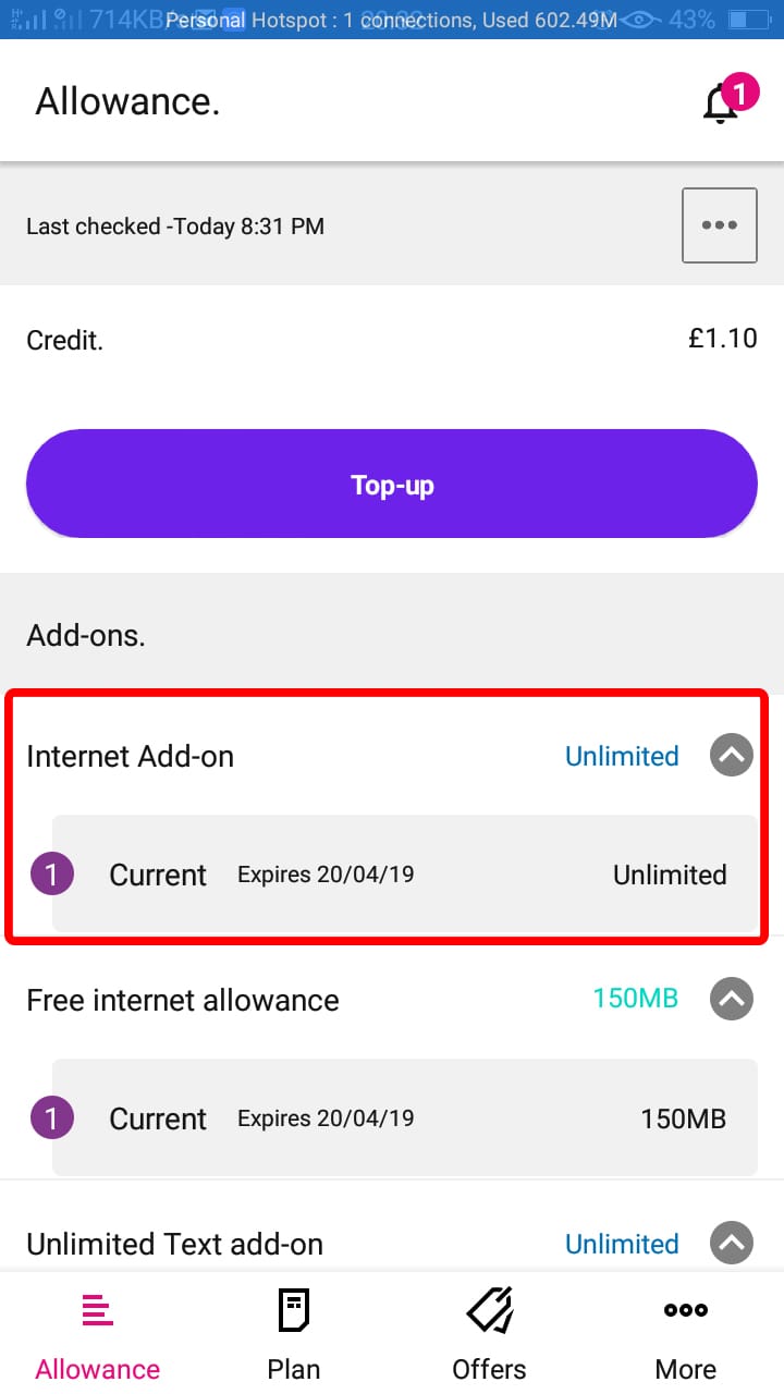 Free unlimited roaming internet from the Three app.