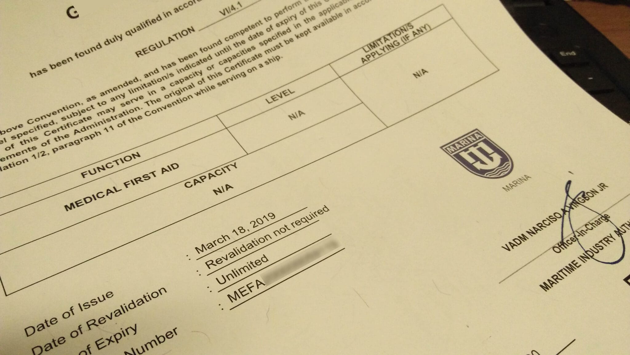 COP for Medical First Aid (MEFA) showing the date of issuance.