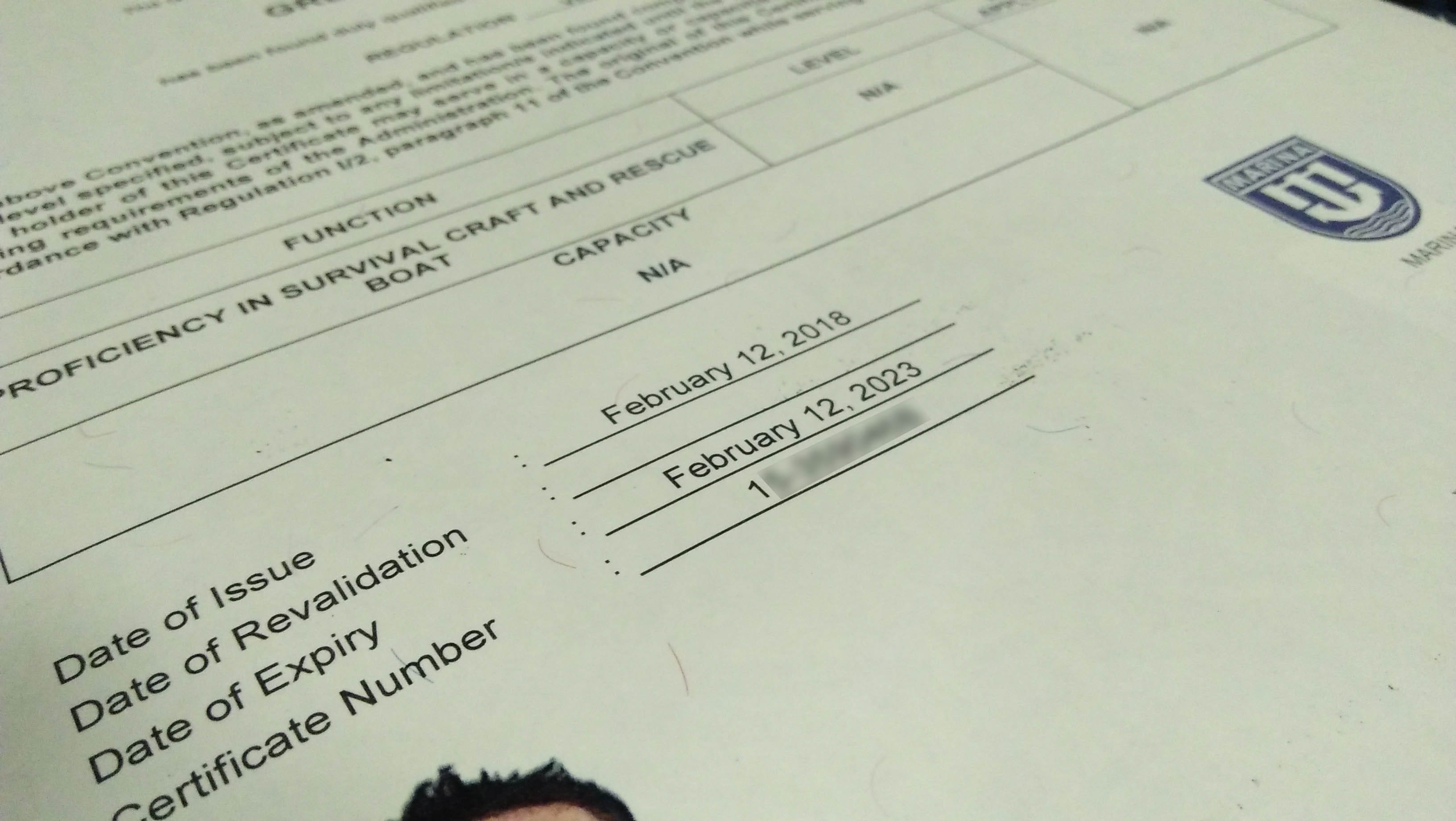 COP of Proficiency in Survival Craft and Rescue Boat (PSCRB) with date of issue and date of expiry.