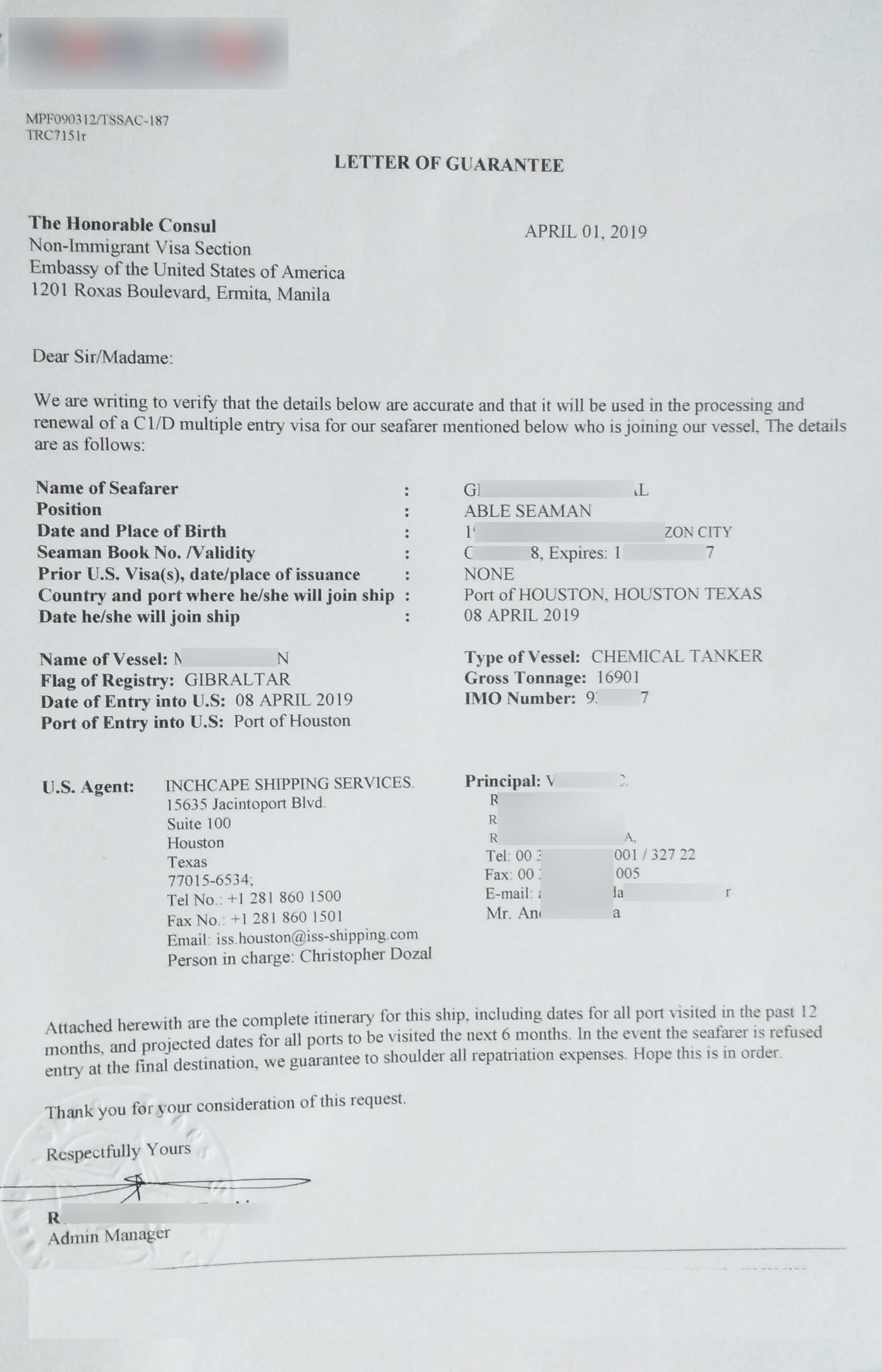 US visa application Letter of Guarantee addressed to the Honorable Consul of the Non-Immigrant Visa Section.