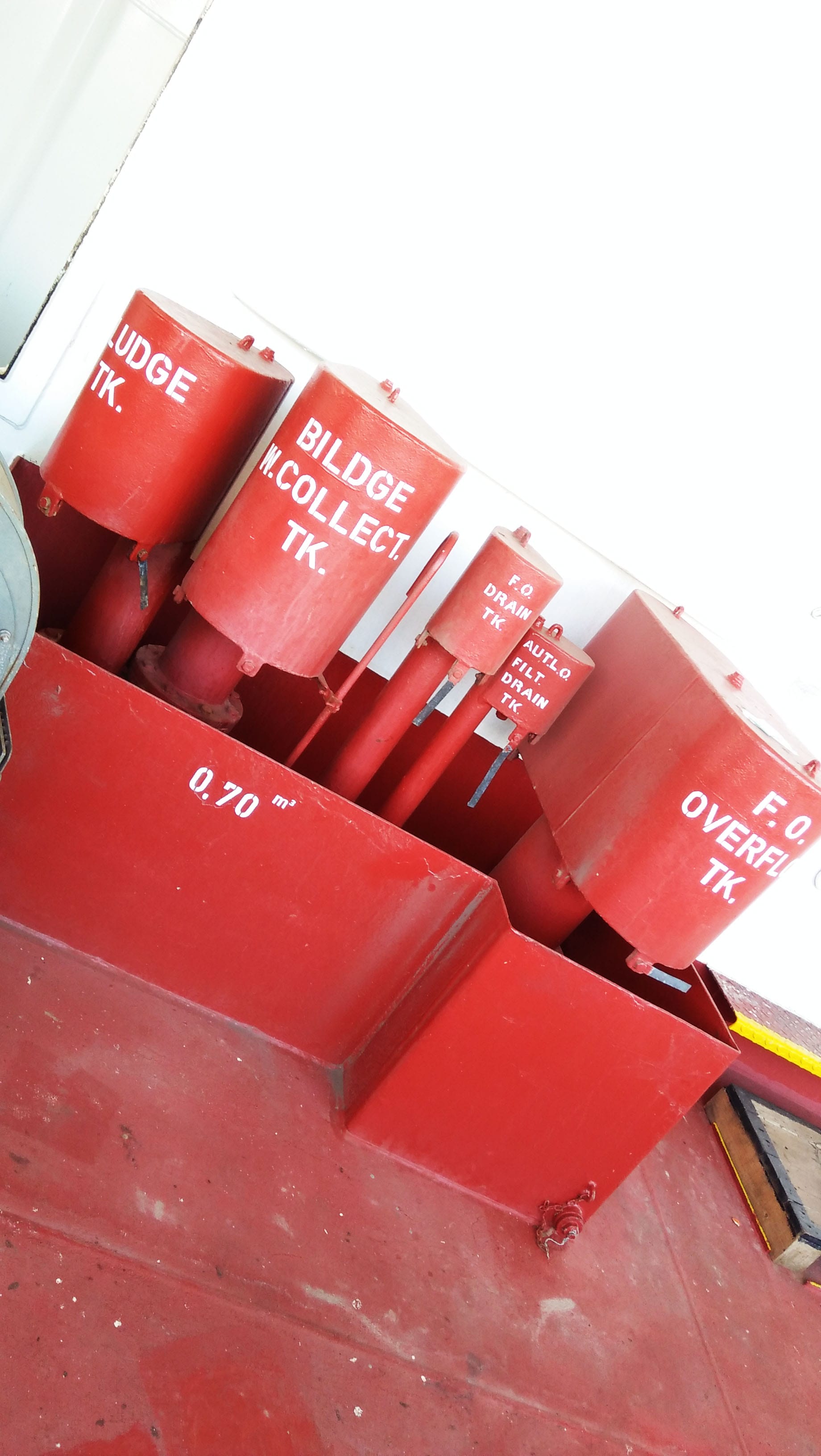 Tank vents from the engine room. Sludge tank, bilge tank, overflow tank, fuel oil drain tank and lube oil drain tank.