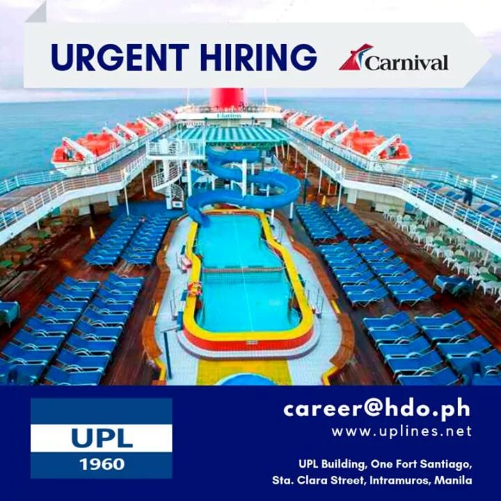 United Philippine Lines (UPL) Urgent Hiring for Carnival Cruise Ship