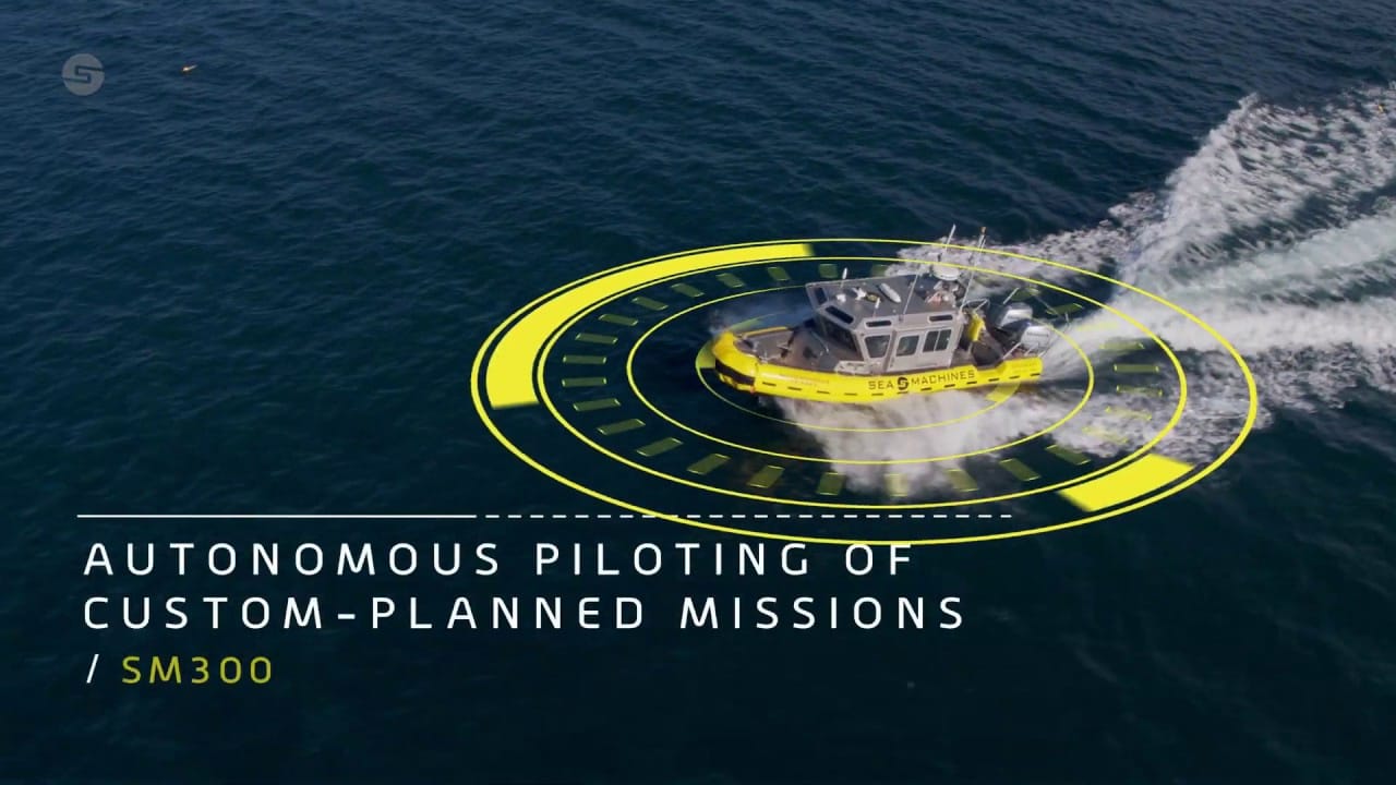 A pilot boat made by Sea Machines having sensors that detects situational awareness.
