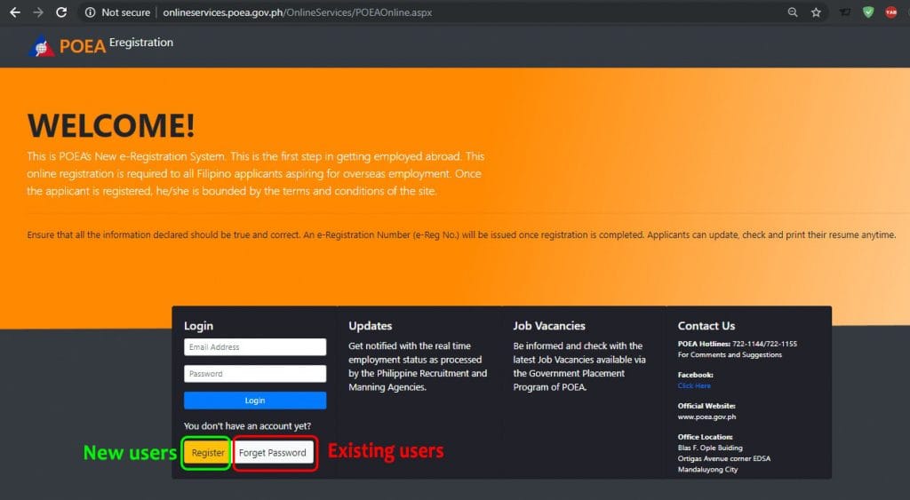Welcome page of eregistration version 2 - Log in for new and existing users