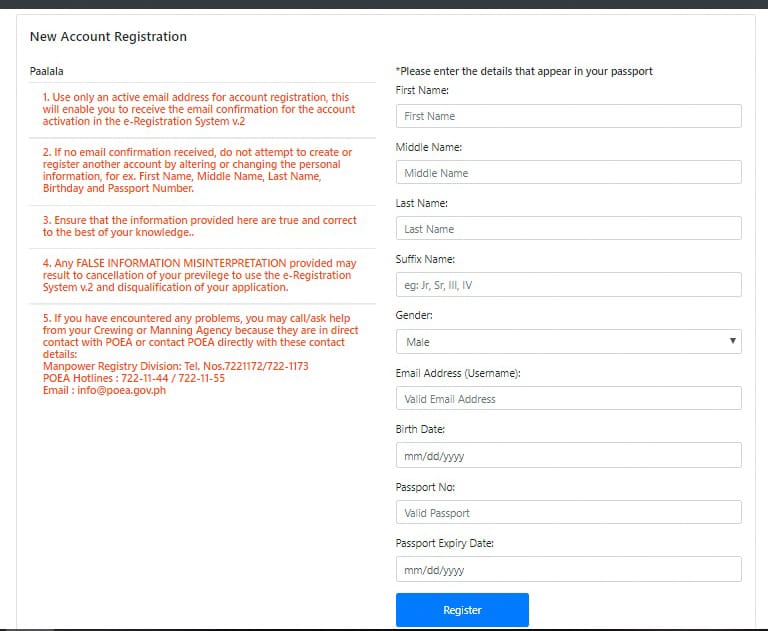 New account registration for version 2 containing very important reminders and the blank details that you have to fill up according to what appears in your passport.