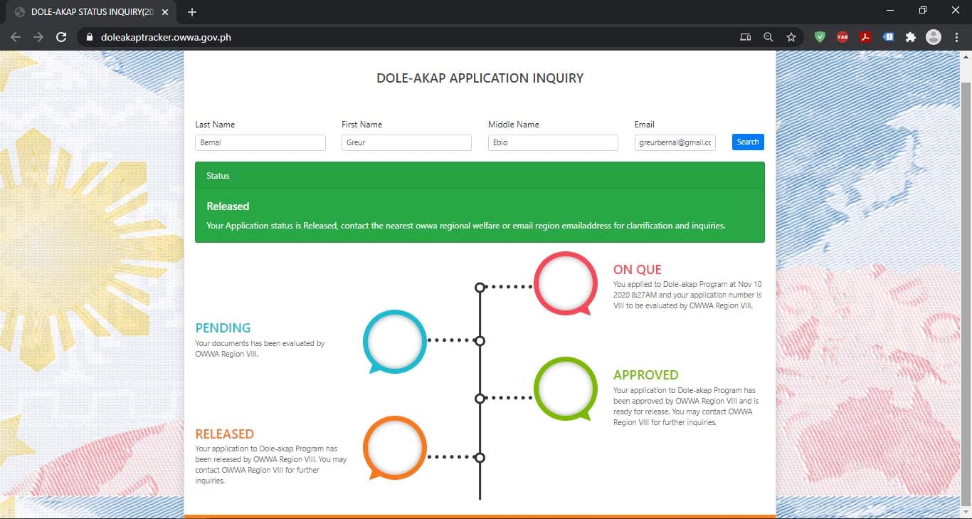 DOLE-AKAP Tracker Application Status Inquiry