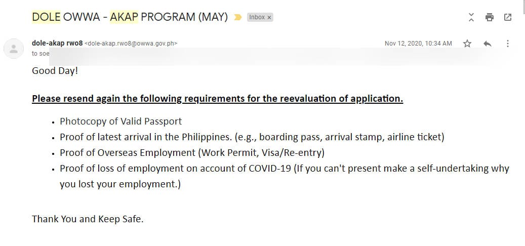 DOLE AKAP Email regarding my follow up.