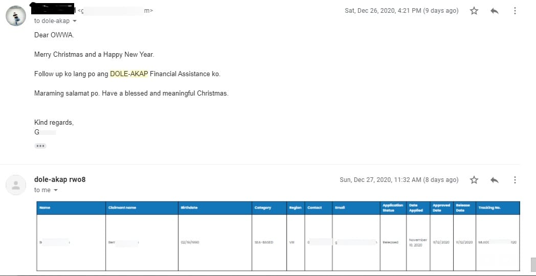 DOLE-AKAP's email asking me to resend the requirements.