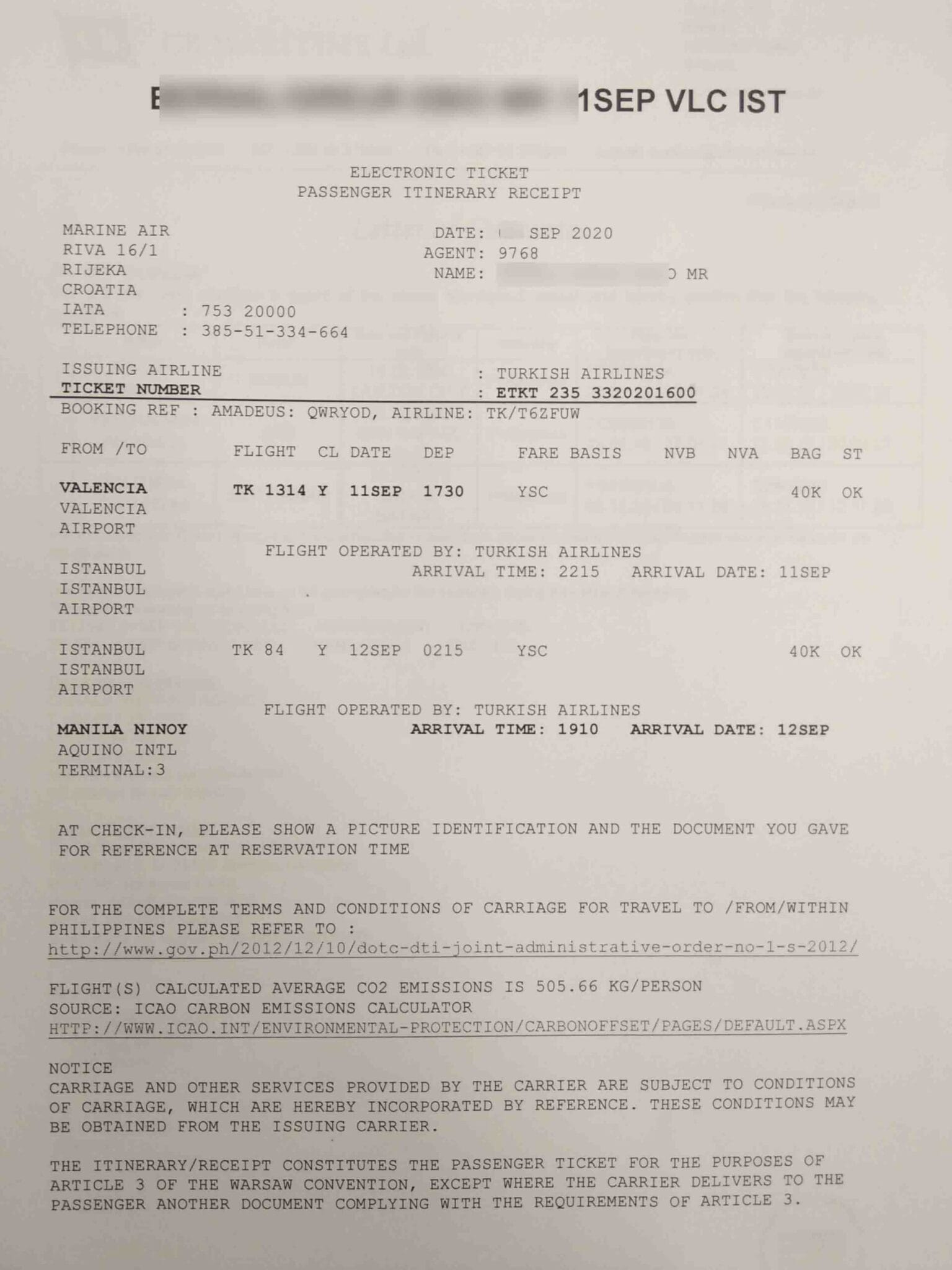 Proof of latest arrival in the Philippines (Flight Itinerary)
