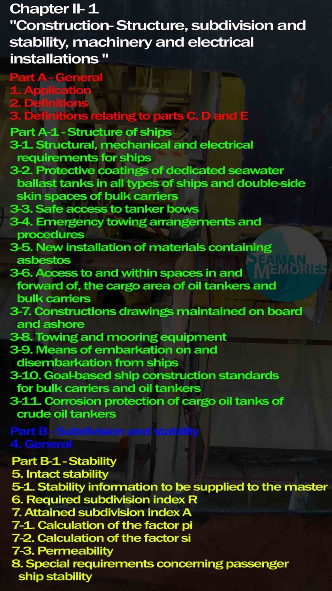 SOLAS Chapter II- 1 Construction- Structure, subdivision and stability, machinery and electrical installations Part A to B1