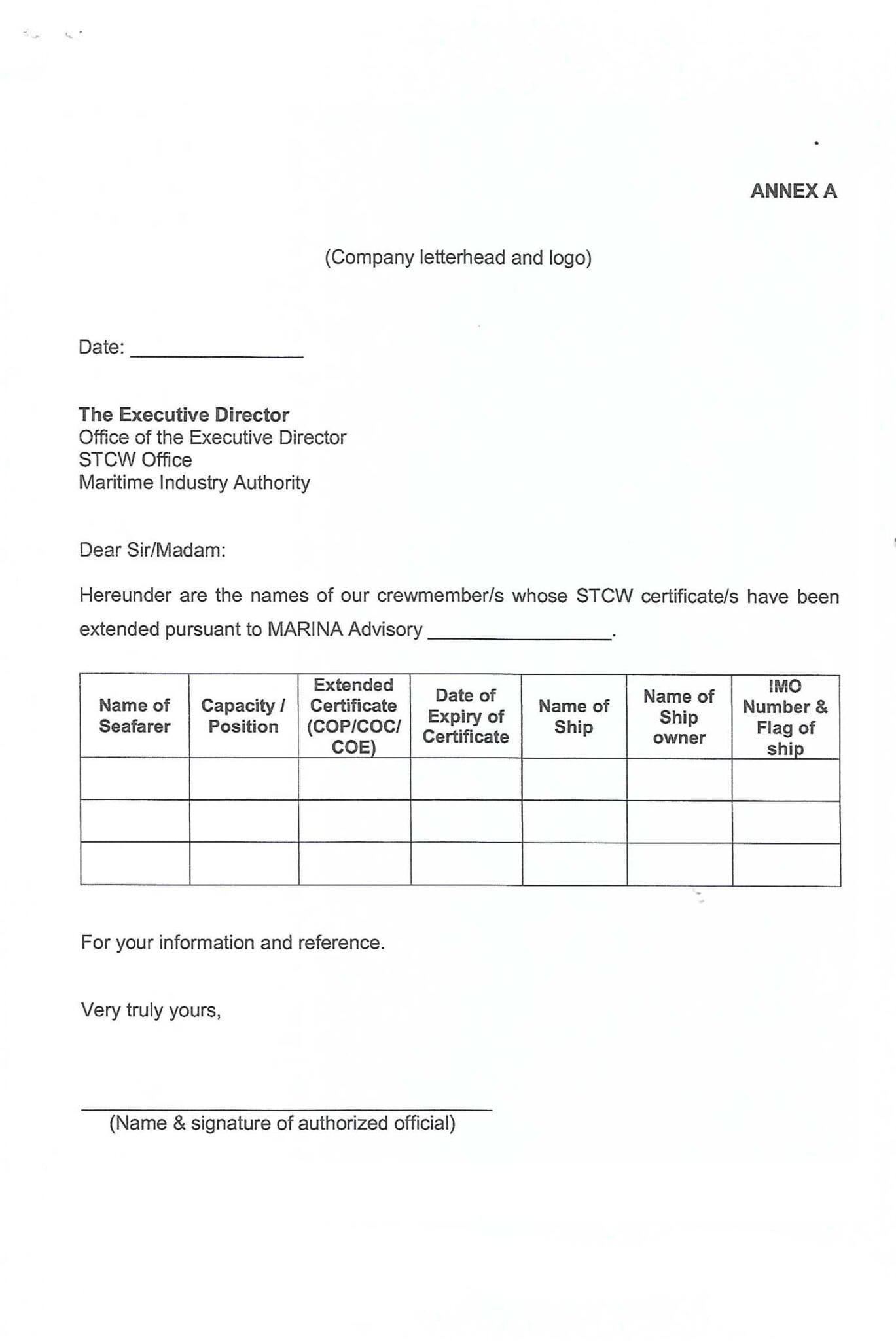Annex A of MARINA Advisory No. 2020-73