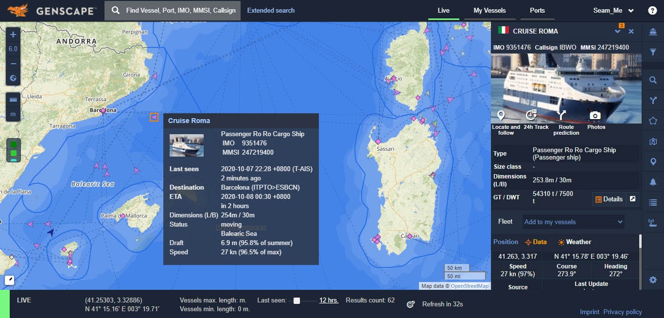 Vessel Tracker Live Map only showing passenger ships currently tracking the passenger vessel Cruise Roma.