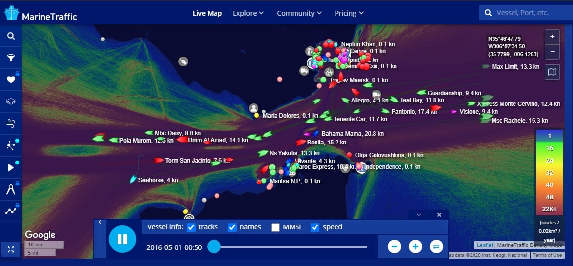 MarineTraffic Playback function over Gibraltar Strait with Map Density showing sea areas colored in where ships mostly pass by.