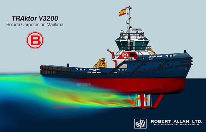 A rendered image of a tugboat fitted with Voith Schneider Propeller forward of the underwater hull.