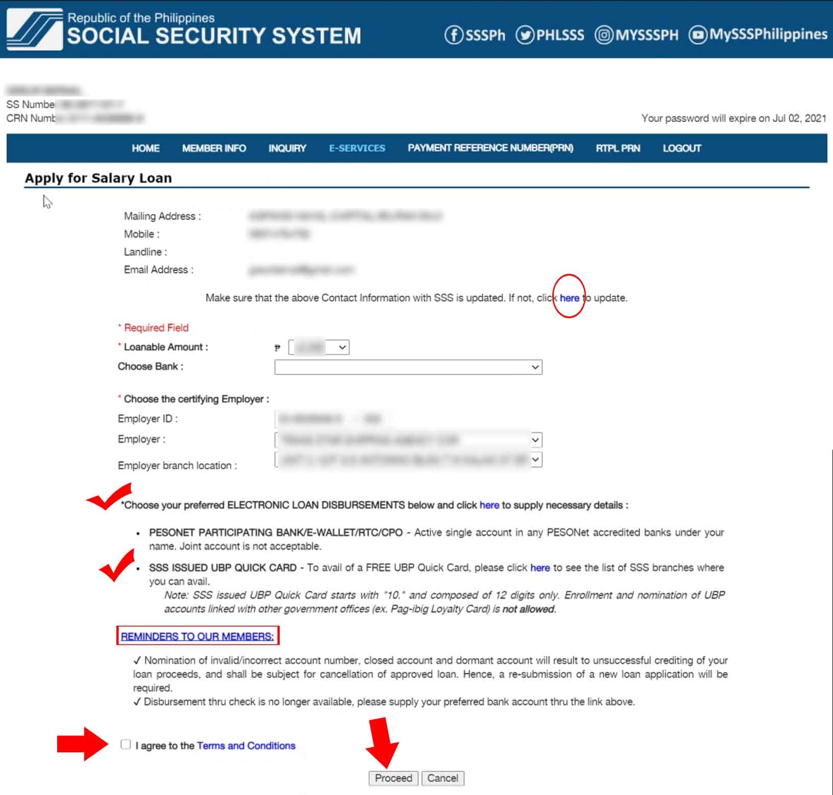 SSS Salary Loan Tab showing the email address, mobile number, landline, and email address, and other loan info.