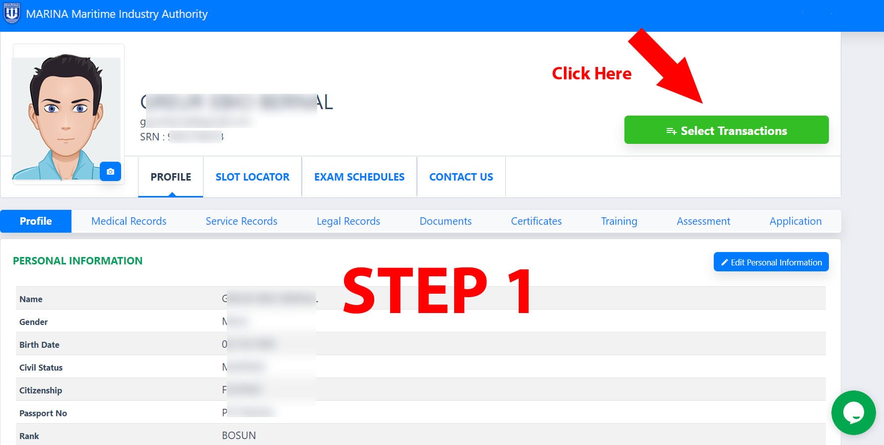 MISMO Account Dashboard highlighting the "Select Transaction" tab for Step 1.