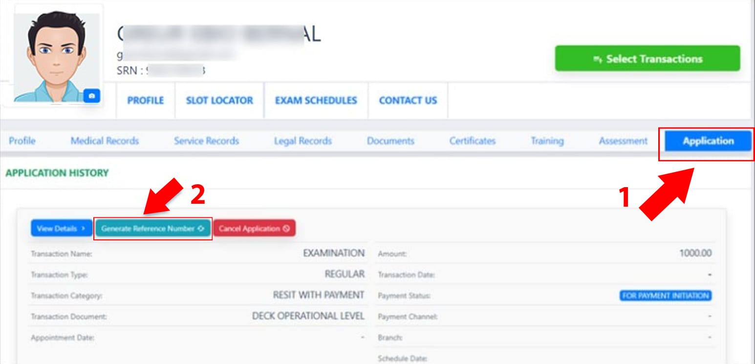 Application tab of seafarers for their Resit and Reschedule WITH PAYMENT ONLY.