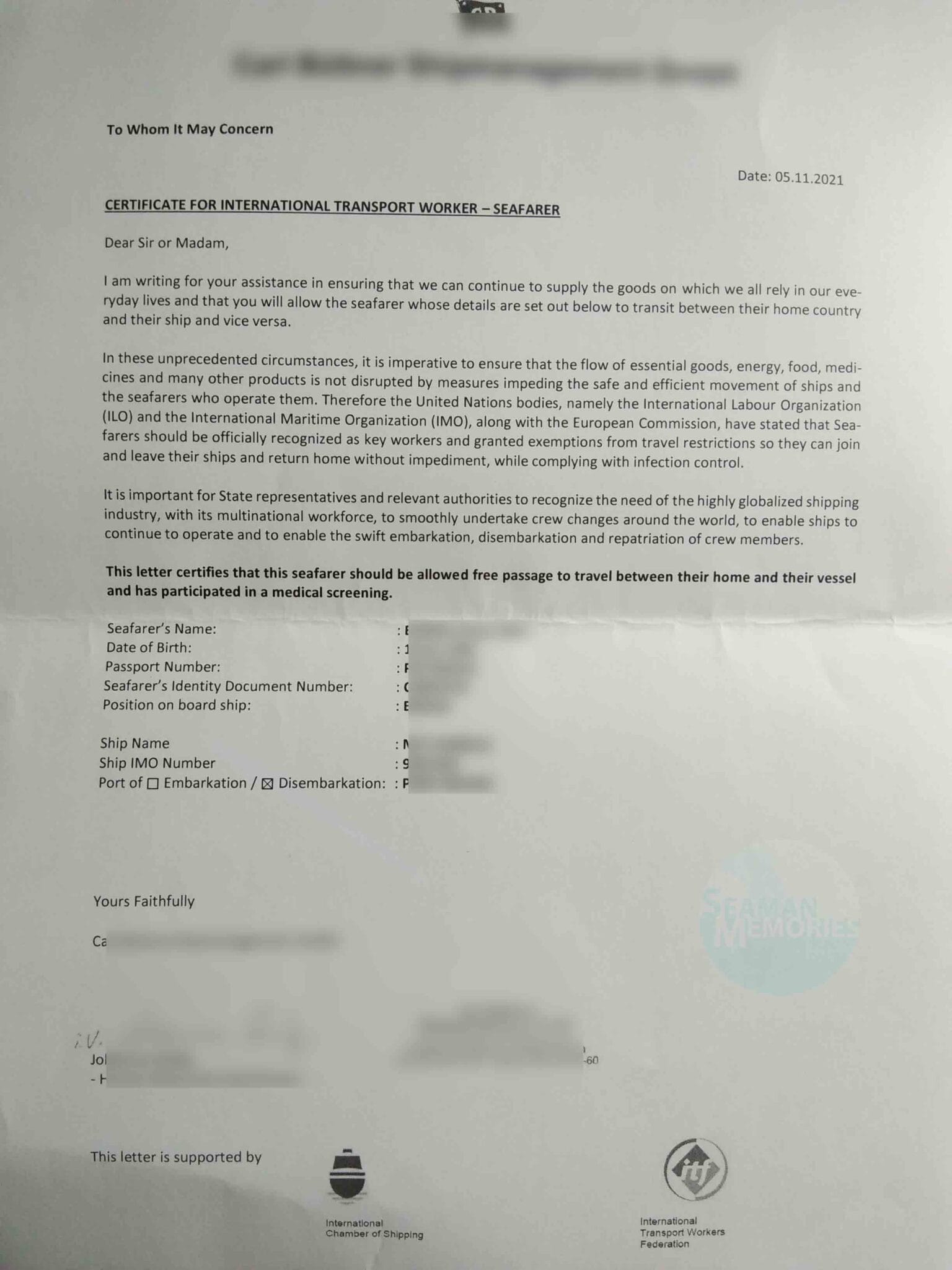 Essential Workers’ Certificate of Free Passage.