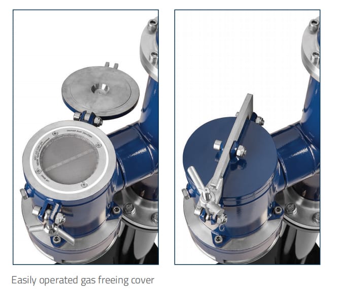 An actual gas freeing cover. One is open showing the flame screen inside. The other one is closed.