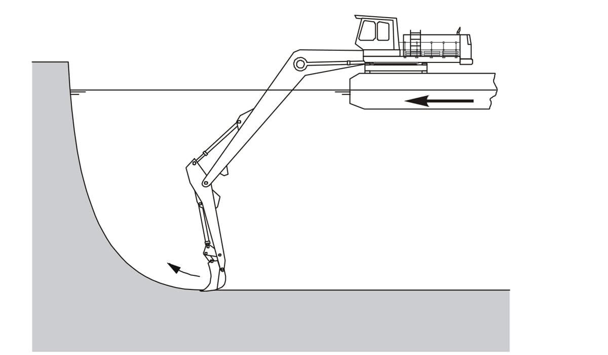 Dipper Dredger scooping the sea bead in a forward motion.