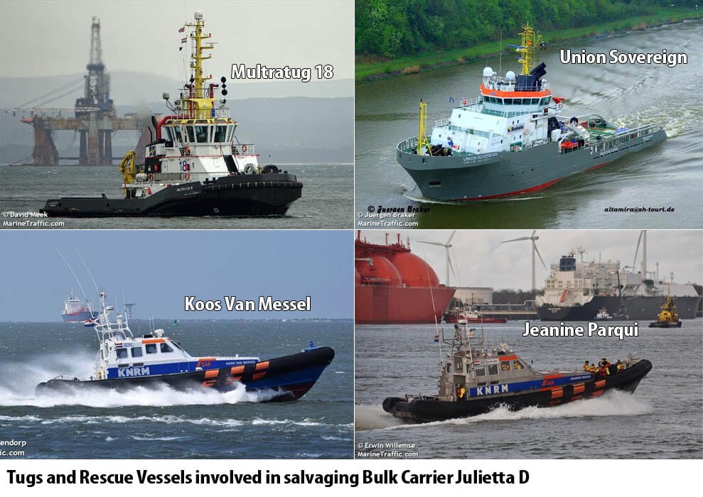 Salvage tugs Multratug 18 and Union Sovereign and Rescue vessels Koos Van Messel and Jeanine Parqui.