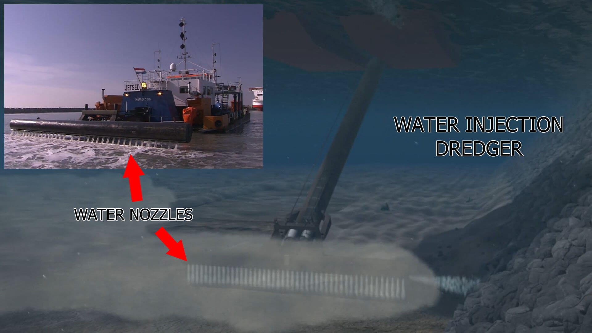 Water Injection Dredger with its horizontal jet bar spraying water
