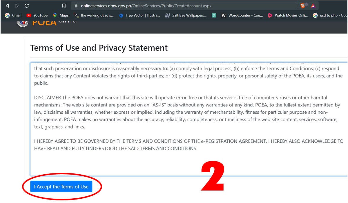 Accepting the terms of use under the privacy statement.