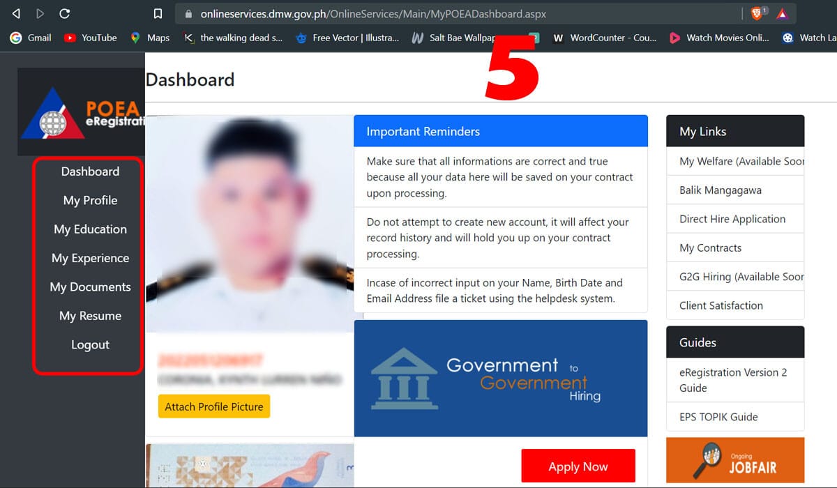 Account Dashboard of the new DMW eReg Platform.