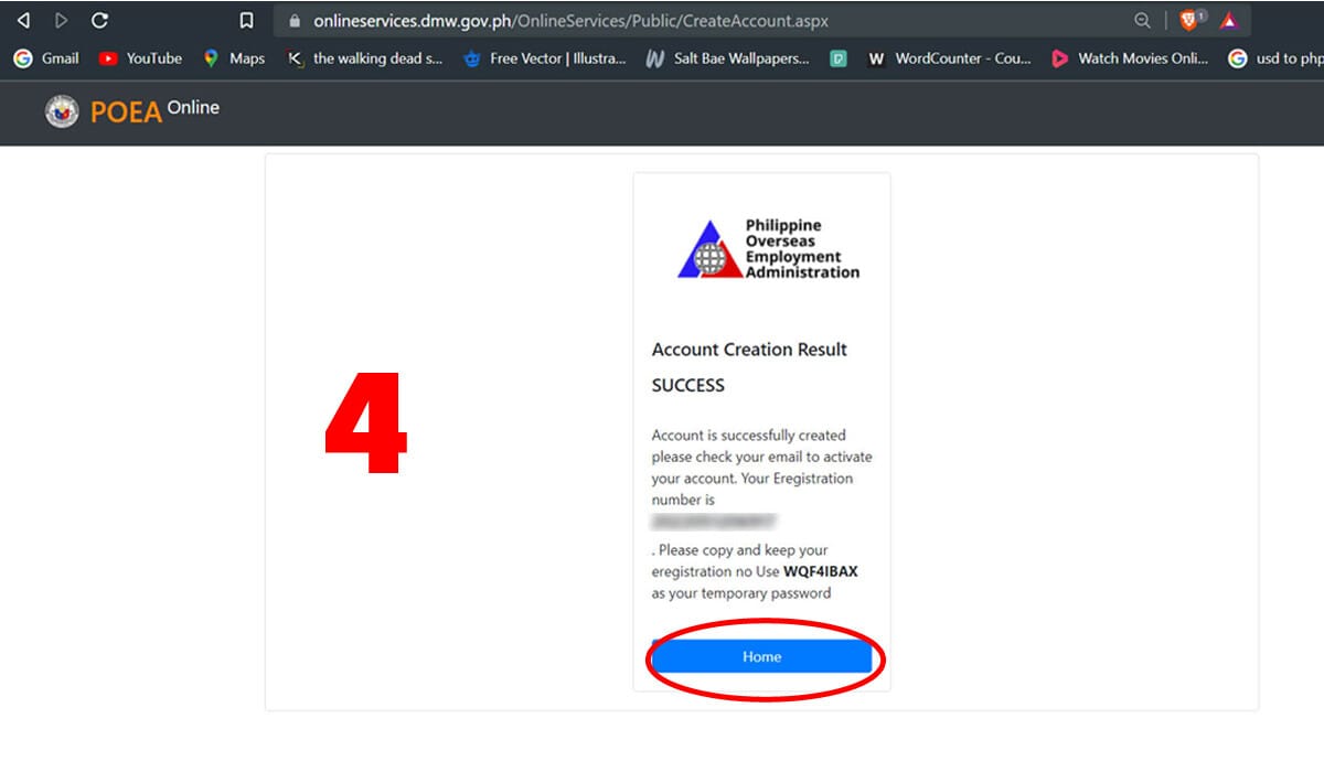 A successful DMW eReg Account creation result.
