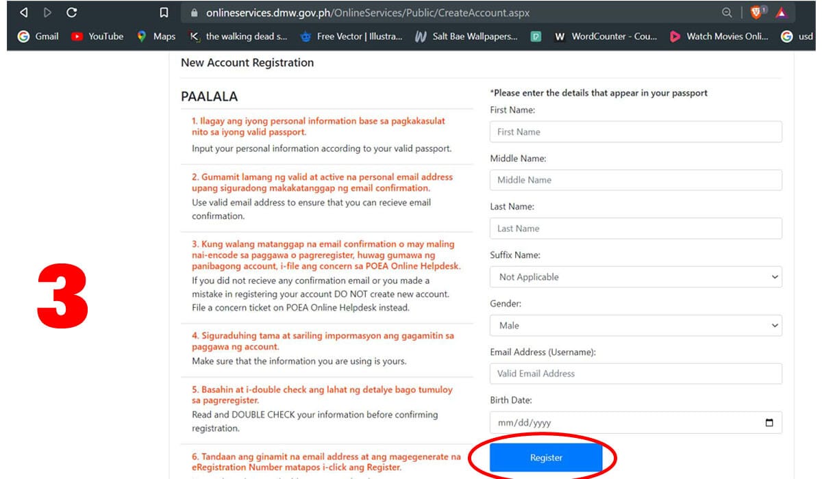 New Account Registration reminders and asking for details in the registration section.