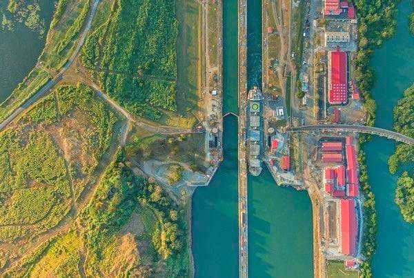 A Panamax bulk carrier leaving the Miraflores Lock in Panama Canal.