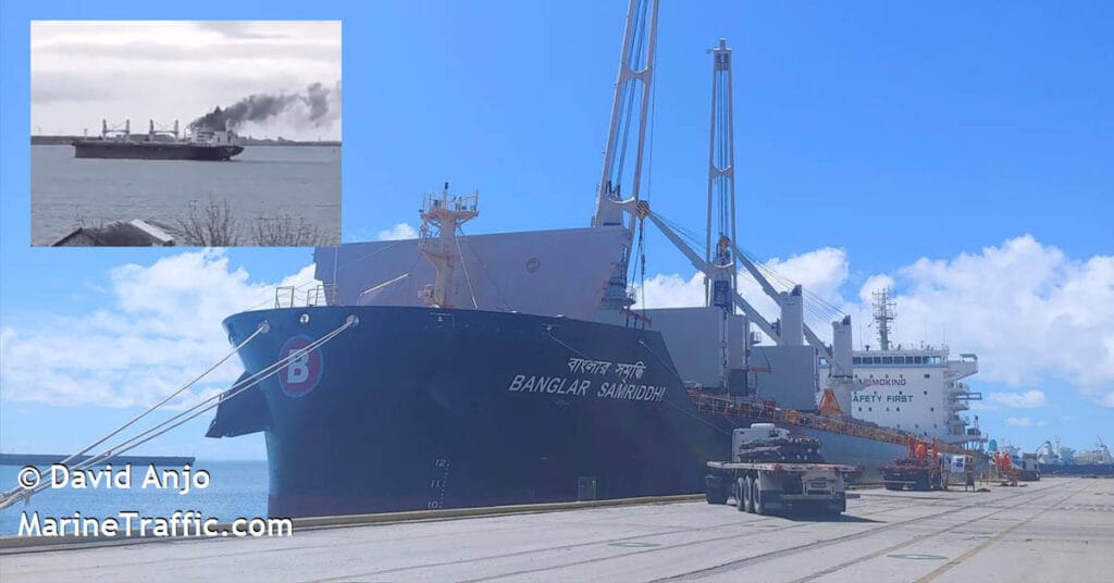 Bulk carrier Banglar Samriddhi performing cargo operations in port.