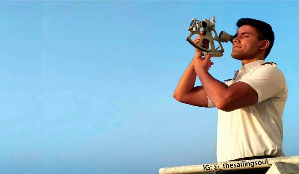 https://www.instagram.com/_thesailingsoul_/ A seafarer on the bridge wing taking a sight of the sun using a marine sextant.