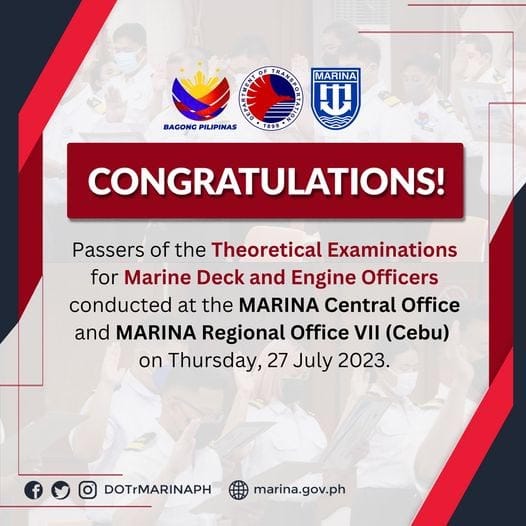 A post from MARINA congratulating the passers of theoretical examinations for marine deck and engine officers.