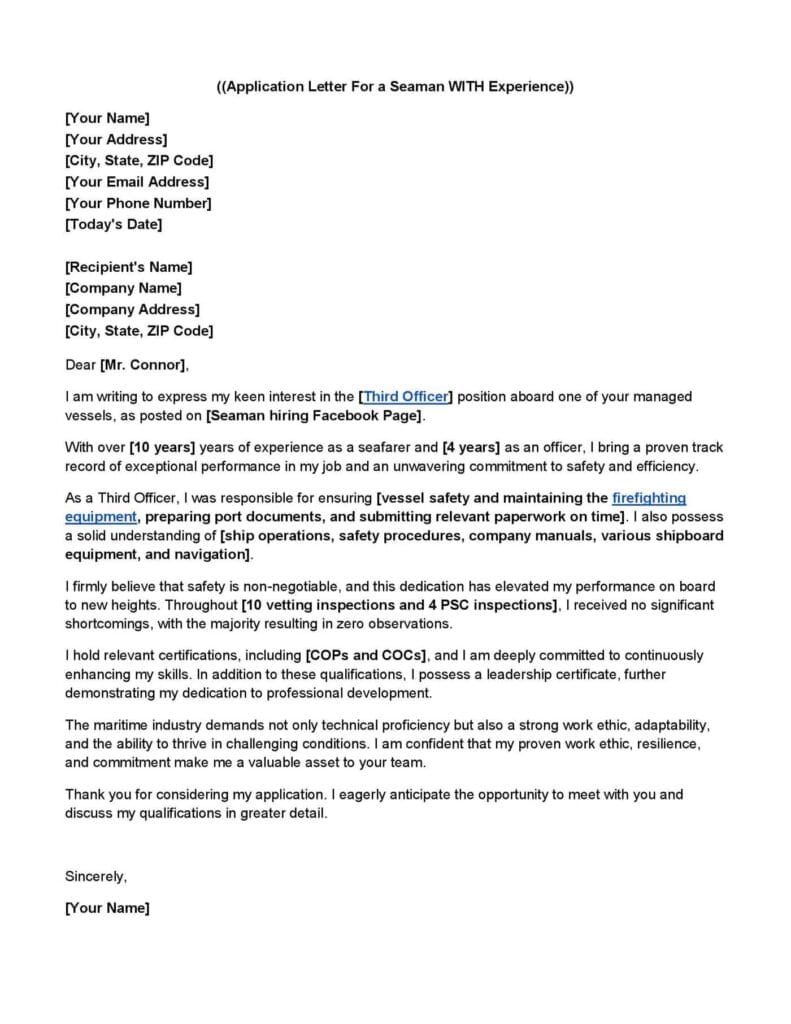 A Sample application letter for a seaman WITH experience.