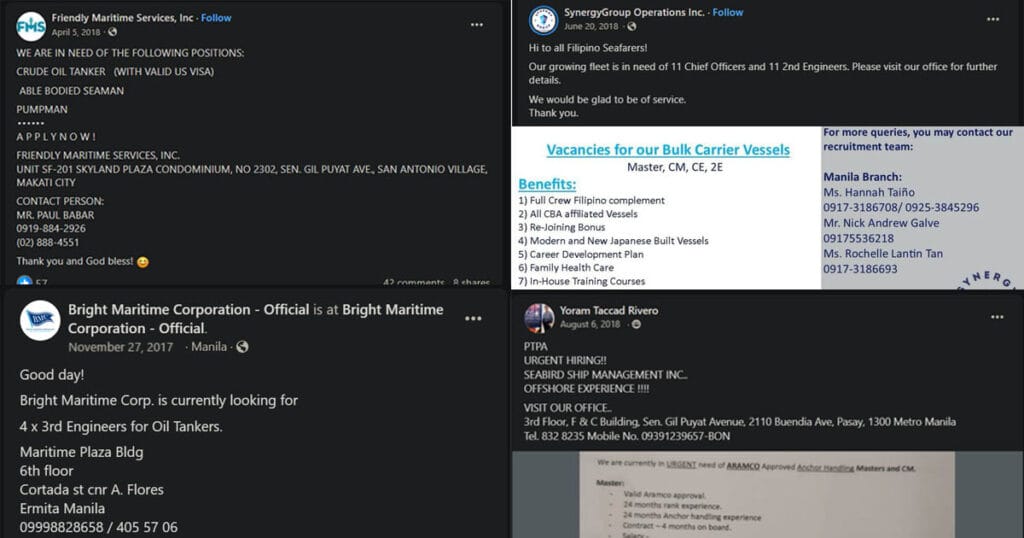 Compilation of screenshots regarding seamen job hiring posts in 2018 and 2019 where recruiters don't include submission of CVs in their application process.