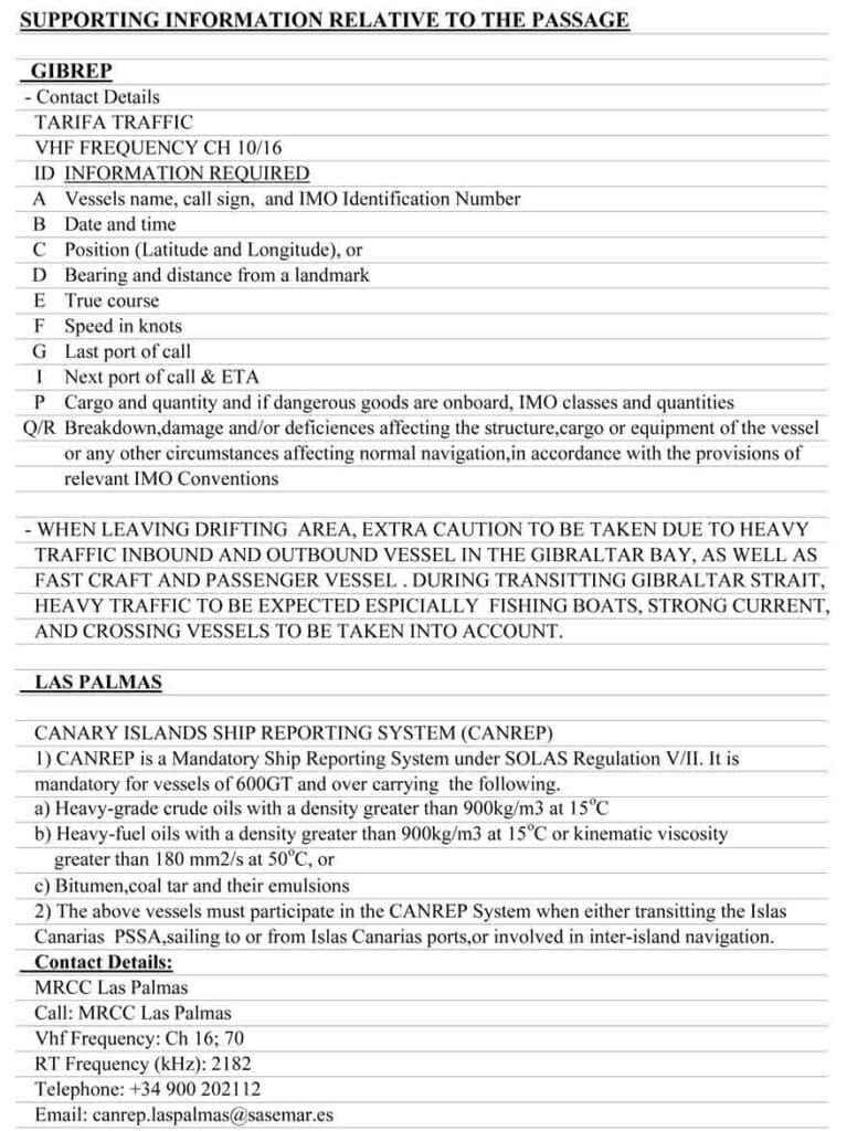 Supporting information relative to the passage for GIBREP and Las Palmas.