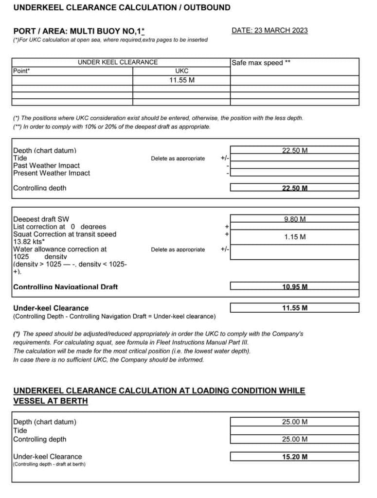 Underkeel Clearance Calculation Outbound from Multi Buoy No.1.