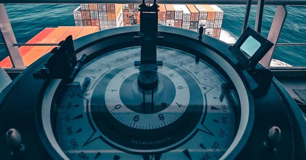 A ship's gyro compass installed inside the bridge.