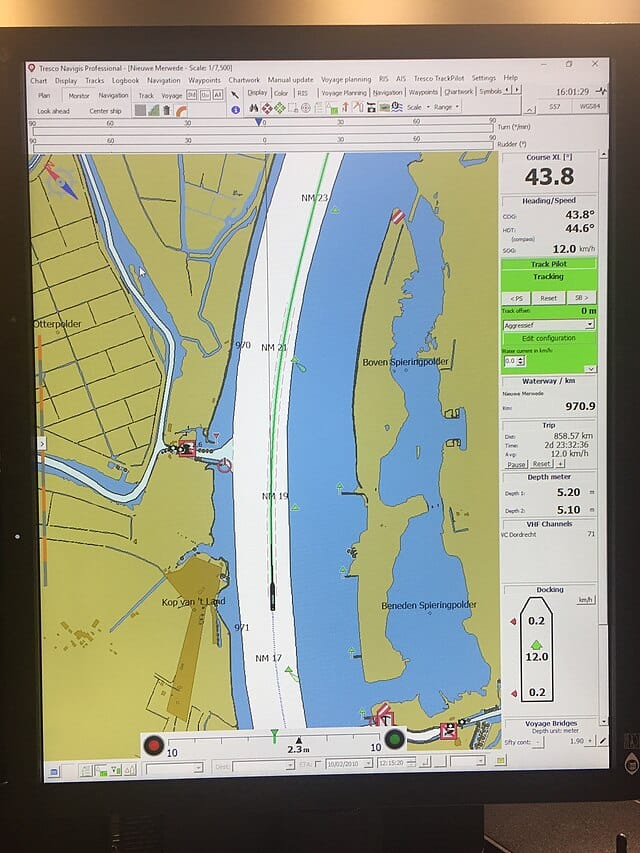 A ship navigating in a canal as seen in an ECDIS monitor.