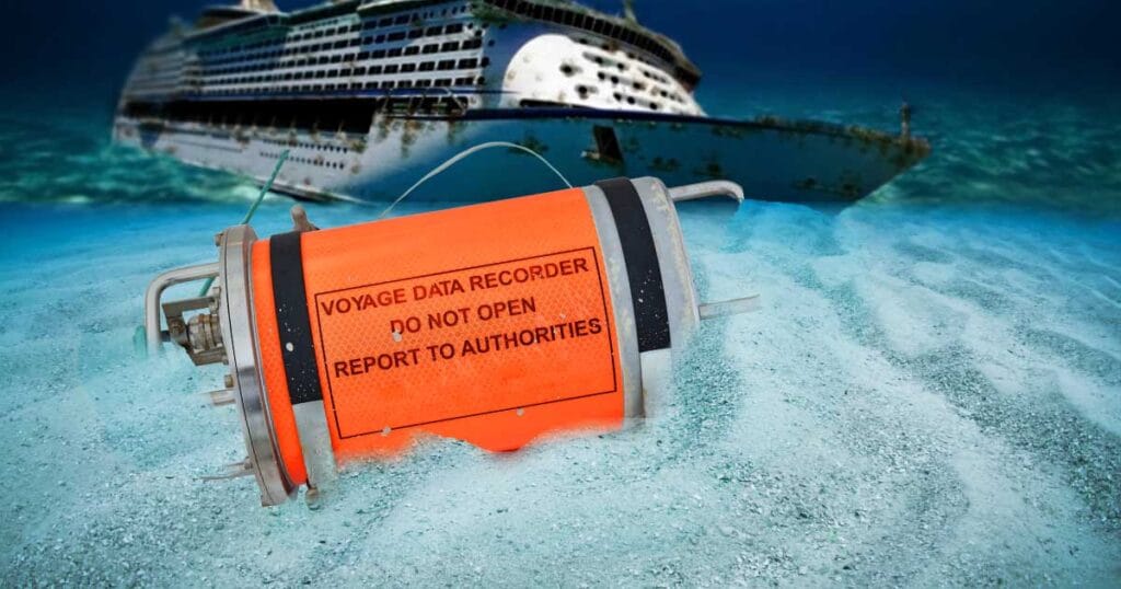 A Voyage Data Recorder underwater and a sunken ship behind.