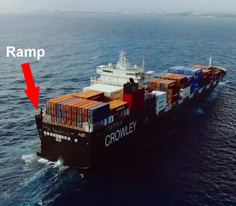 A Container-Ro-Ro Ship (ConRo) carrying containers but with a ramp on board.