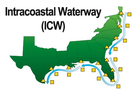 A map of the Intracoastal Waterway that goes along the US Coast from New Jersey to Texas.